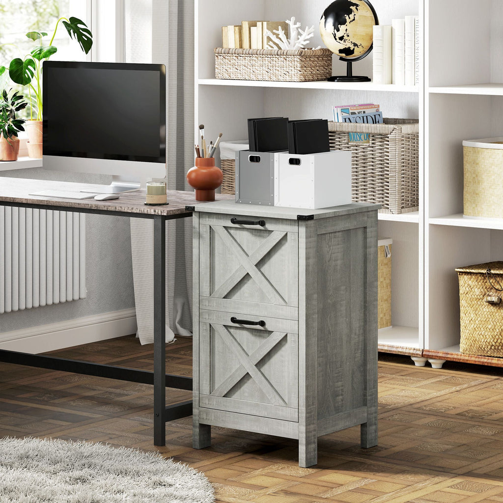 Vertical File Cabinet with 2 Drawers, Rustic Farmhouse Office Storage Cabinet for A4, Letter Size, Distressed Light Gray - Cool Brand Designs