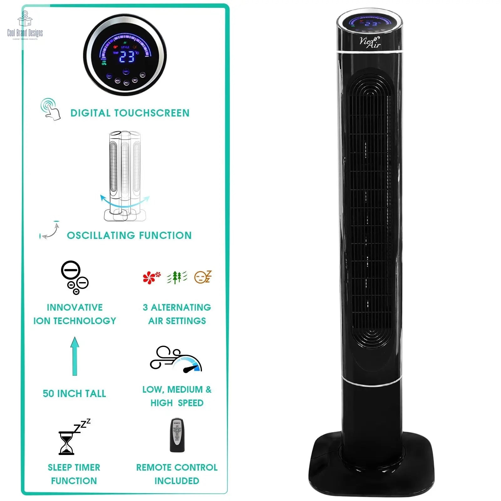 Vie Air 50 Inch Luxury Digital 3 Speed High Velocity Tower Fan with Fresh Air Ionizer and Remote Control in Black - Cool Brand Designs