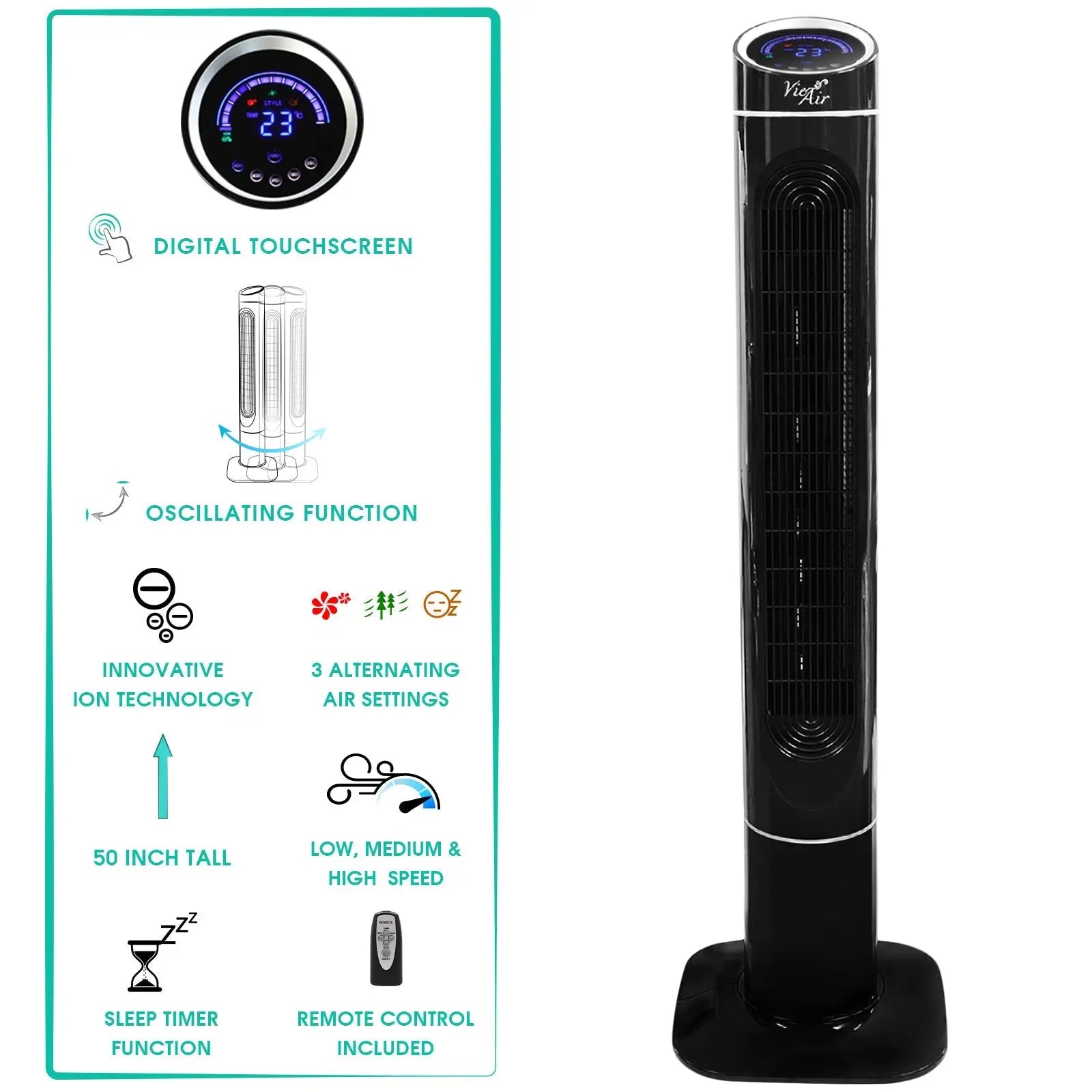 Vie Air 50 Inch Luxury Digital 3 Speed High Velocity Tower Fan with Fresh Air Ionizer and Remote Control in Black - Cool Brand Designs