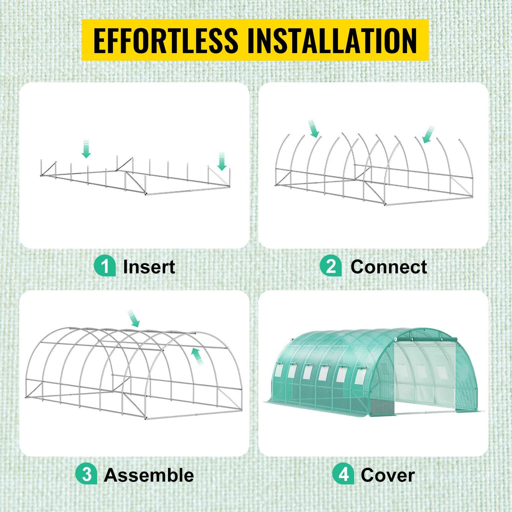Walk-in Tunnel Greenhouse, 20 x 10 x 7 ft Portable Plant Hot House with Galvanized Steel Hoops, 3 Top Beams, Diagonal Poles, 2 Zippered Doors & 12 Roll-up Windows, Green - Cool Brand Designs