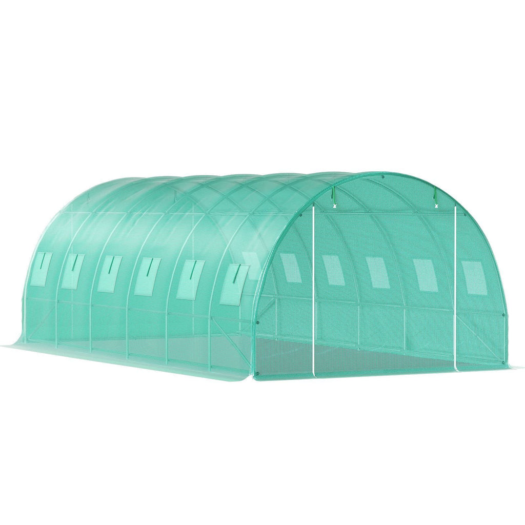 Walk-in Tunnel Greenhouse, 20 x 10 x 7 ft Portable Plant Hot House with Galvanized Steel Hoops, 3 Top Beams, Diagonal Poles, 2 Zippered Doors & 12 Roll-up Windows, Green - Cool Brand Designs