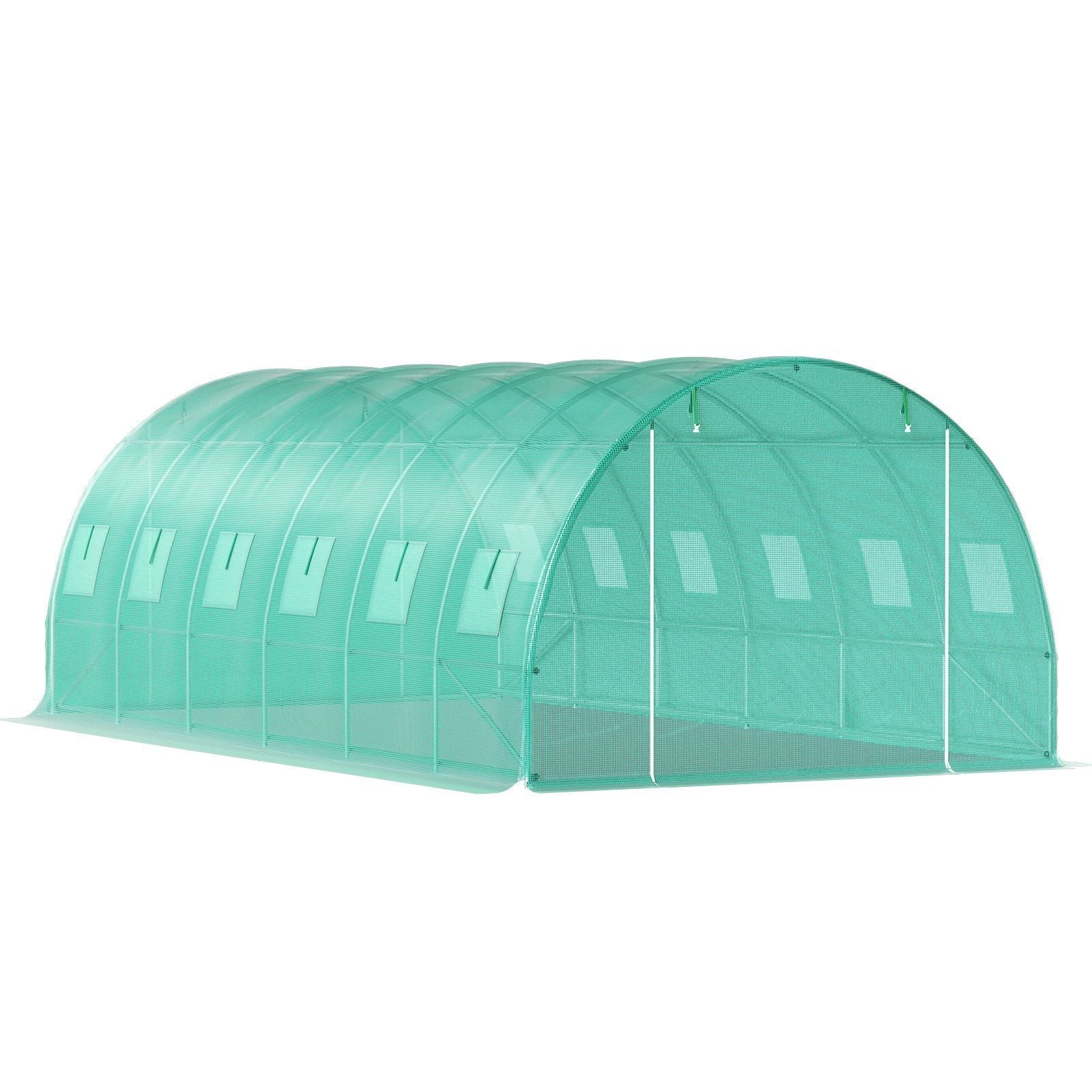 Walk-in Tunnel Greenhouse, 20 x 10 x 7 ft Portable Plant Hot House with Galvanized Steel Hoops, 3 Top Beams, Diagonal Poles, 2 Zippered Doors & 12 Roll-up Windows, Green - Cool Brand Designs
