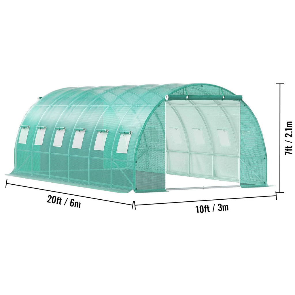 Walk-in Tunnel Greenhouse, 20 x 10 x 7 ft Portable Plant Hot House with Galvanized Steel Hoops, 3 Top Beams, Diagonal Poles, 2 Zippered Doors & 12 Roll-up Windows, Green - Cool Brand Designs