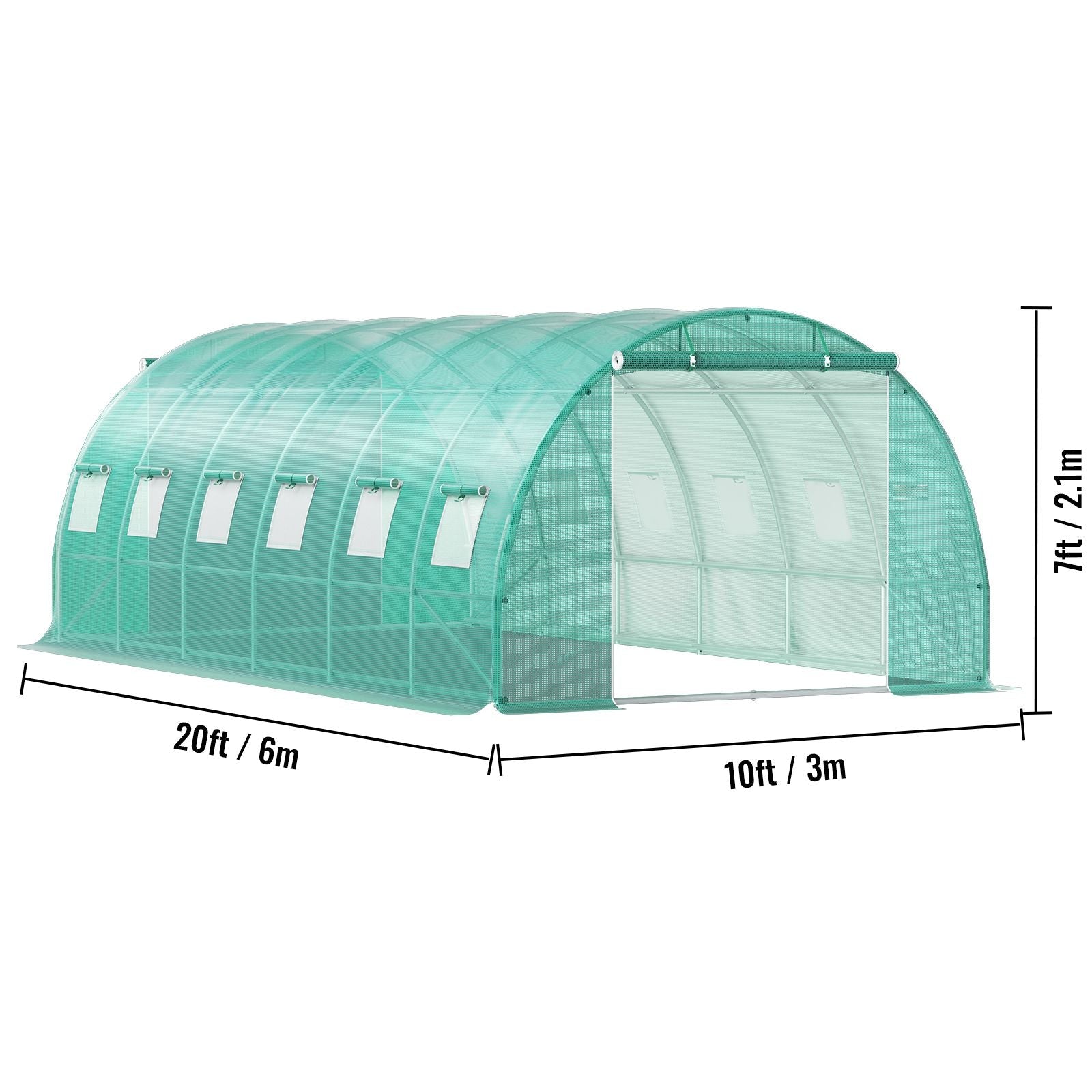 Walk-in Tunnel Greenhouse, 20 x 10 x 7 ft Portable Plant Hot House with Galvanized Steel Hoops, 3 Top Beams, Diagonal Poles, 2 Zippered Doors & 12 Roll-up Windows, Green - Cool Brand Designs