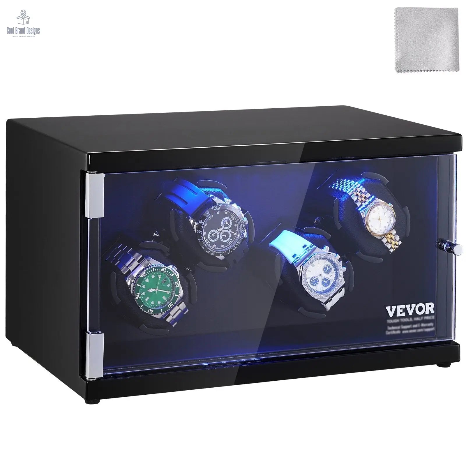 Watch Winder, Watch Winder for 4 Men's and Women's Automatic Watches, with 2 Super Quiet Japanese Mabuchi Motors, Blue LED Light and Adapter, High-Density Board Shell and Black PU VEVOR