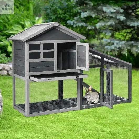Wooden 56.5 Inch Length Rabbit Hutch with Pull out Tray and Ramp - Color: Gray - Cool Brand Designs