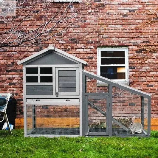 Wooden 56.5 Inch Length Rabbit Hutch with Pull out Tray and Ramp - Color: Gray - Cool Brand Designs