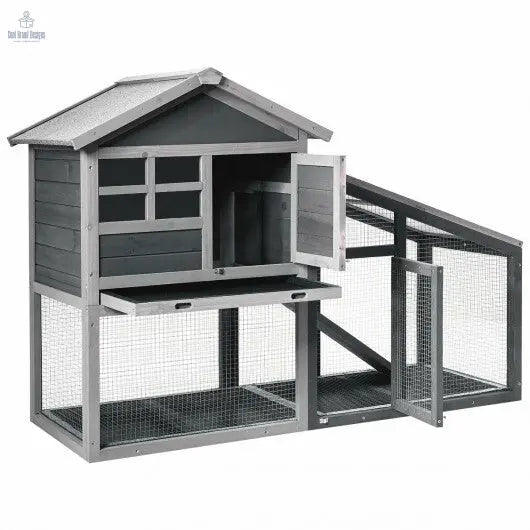 Wooden 56.5 Inch Length Rabbit Hutch with Pull out Tray and Ramp - Color: Gray - Cool Brand Designs